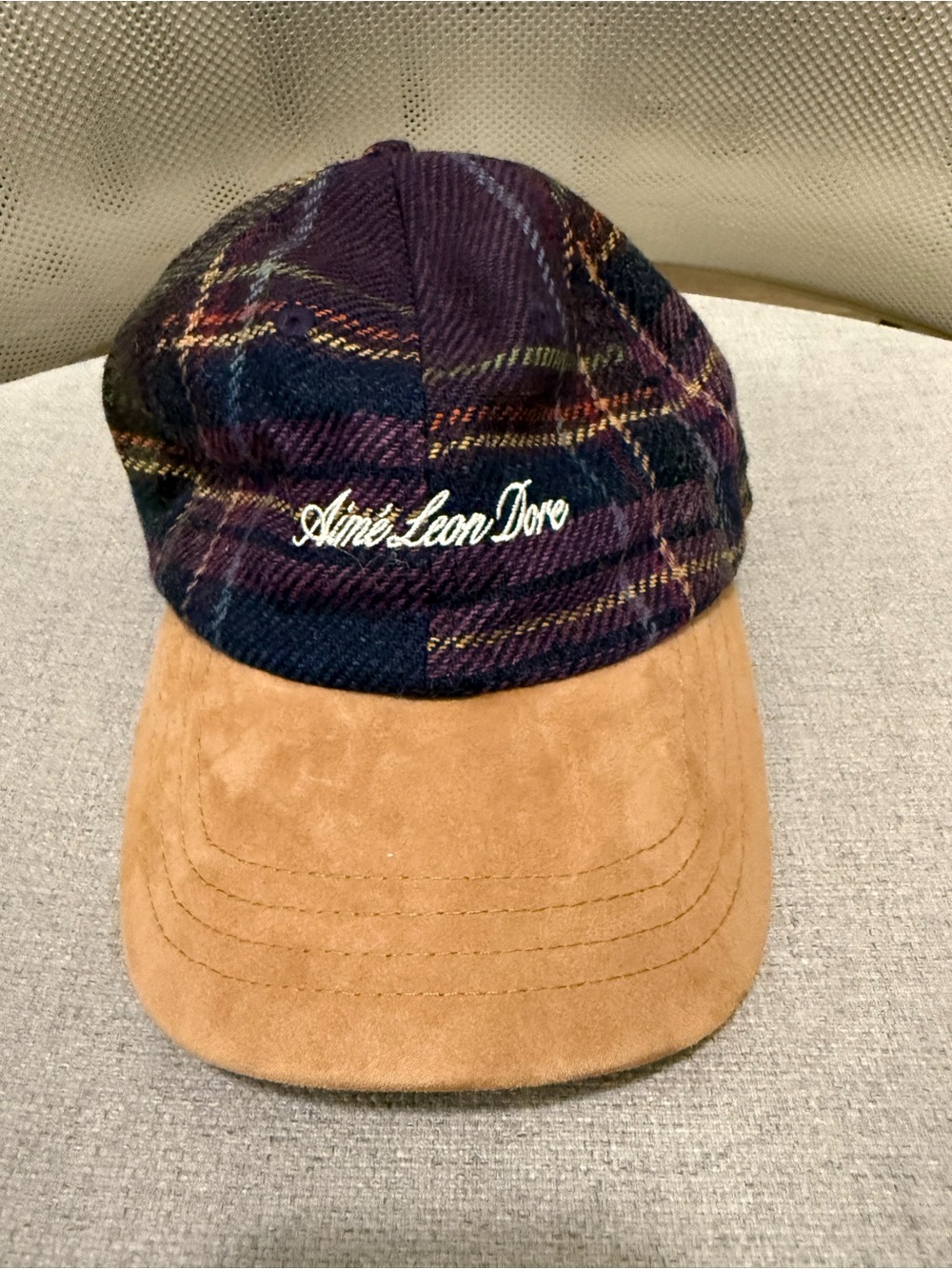 Aimé Leon Dore Purple & Navy Plaid Wool Cap with Tan Suede Brim